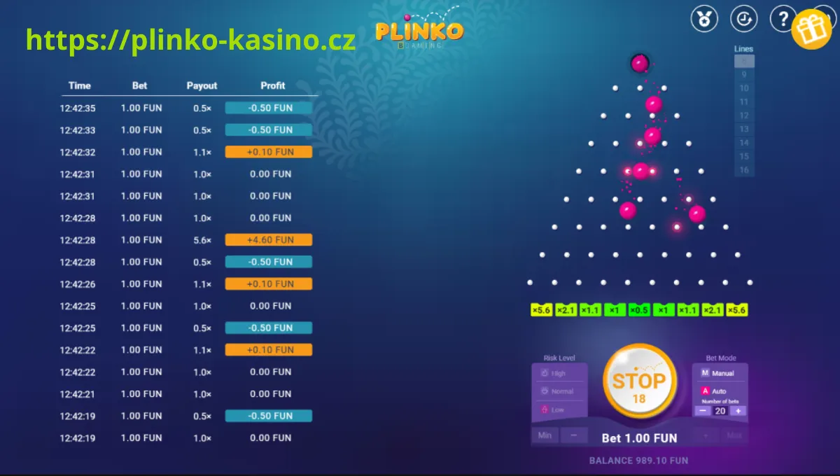 Winning payout in online Plinko game